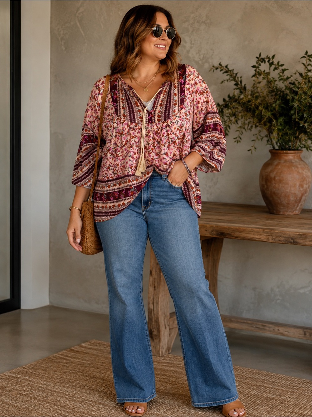 easel Pink and Burgundy Floral Boho Peasant Blouse
